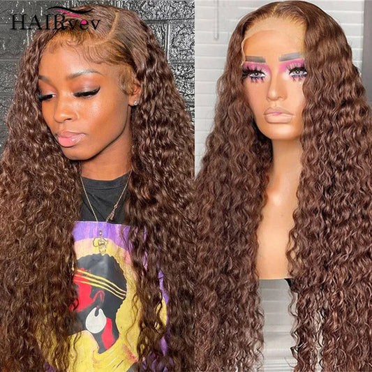 Chocolate Brown 13x6 HD Lace Frontal Wig with 13x4 Curly Deep Wave Human Hair Water Wave Brazilian Style for Women 4x4 Hair