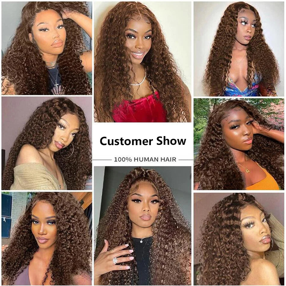 Chocolate Brown 13x6 HD Lace Frontal Wig with 13x4 Curly Deep Wave Human Hair Water Wave Brazilian Style for Women 4x4 Hair